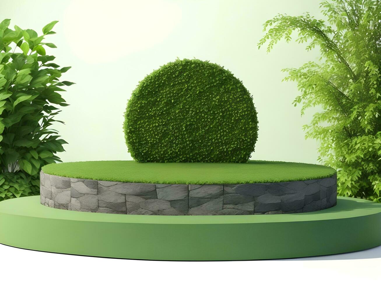 AI generated Empty round stone podium for product display on green foliage background ai generate photo