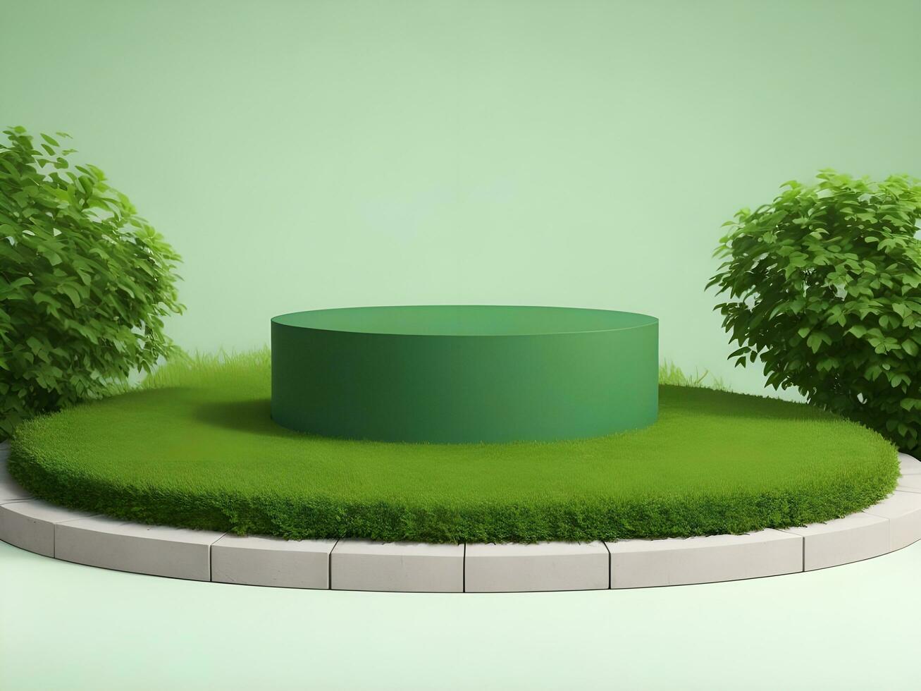 AI generated Empty round stone podium for product display on green foliage background ai generate photo