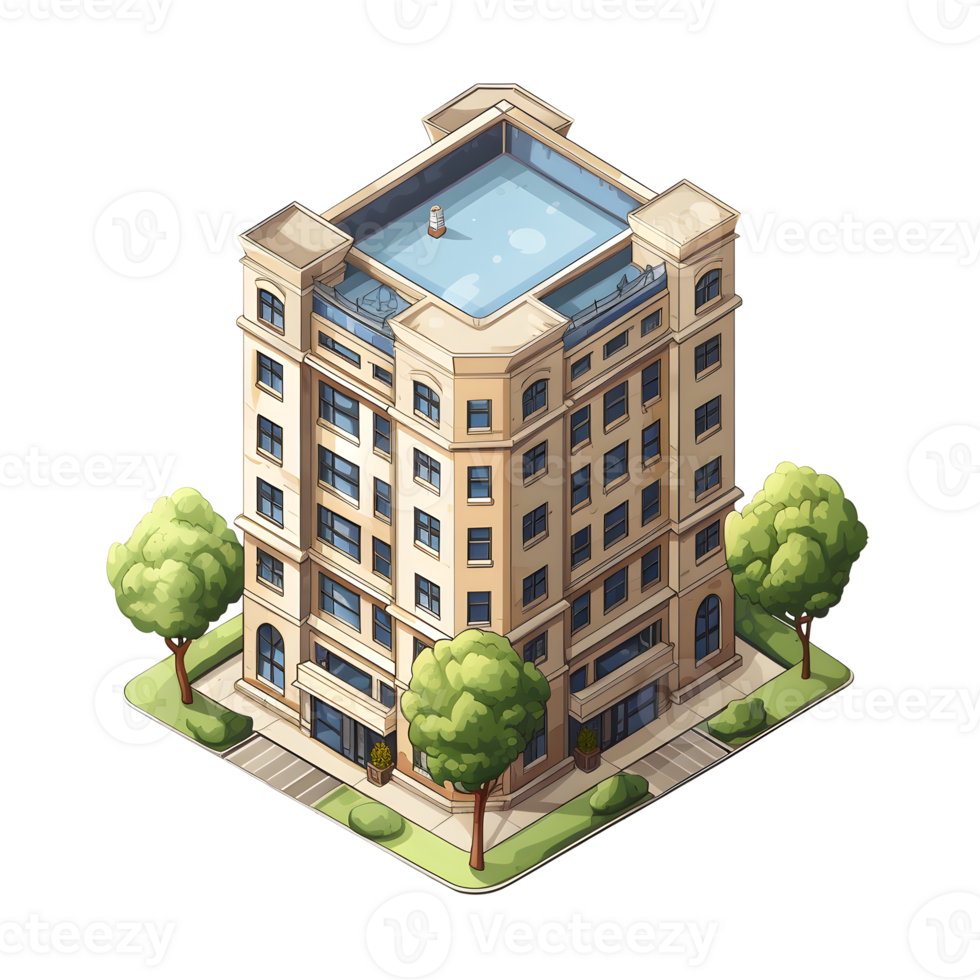 AI generated Watercolor of isometric building. Isolated no background. png