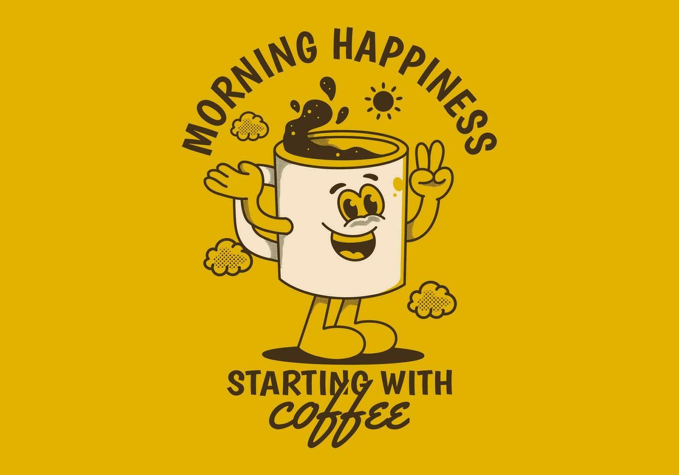 Mañana felicidad comenzando con café. Clásico mascota personaje de café jarra con contento cara vector