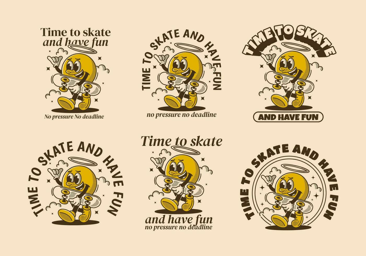 Time to skate and have fun. Walking ball head character holding a skate board vector