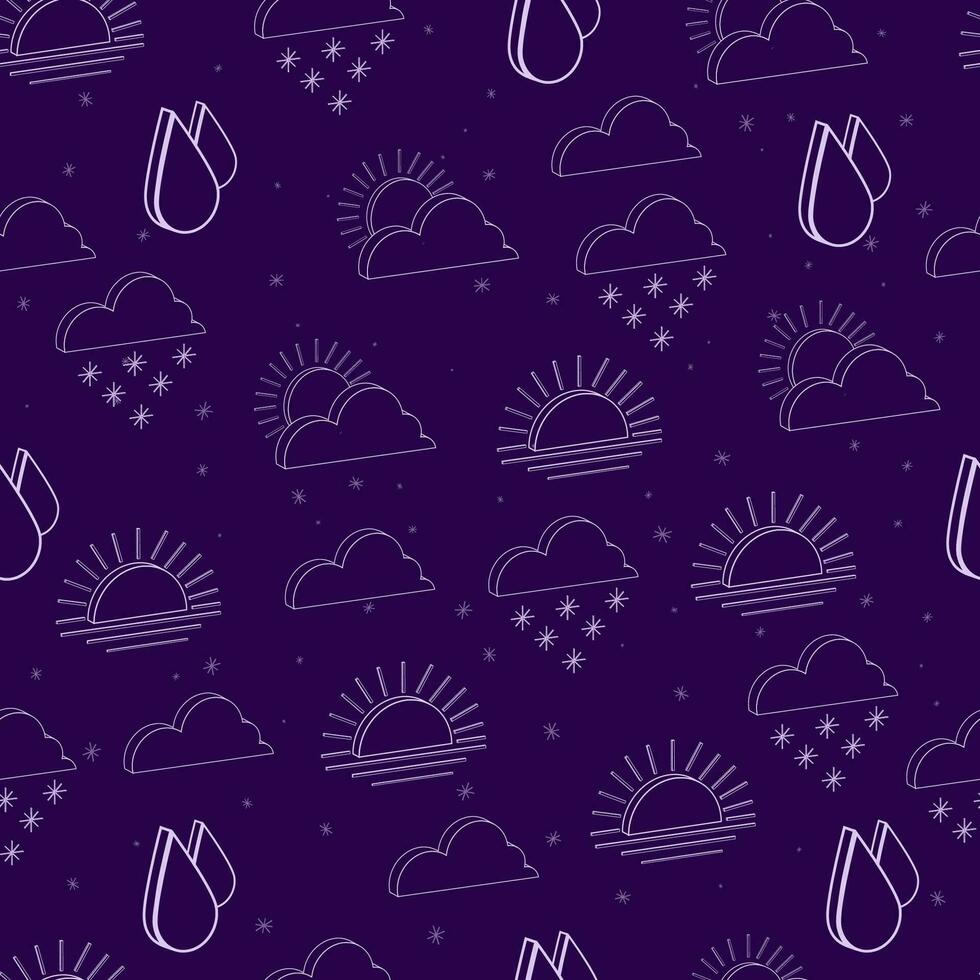 Seamless pattern of isolated contour 3d weather icons on a dark lilac background vector