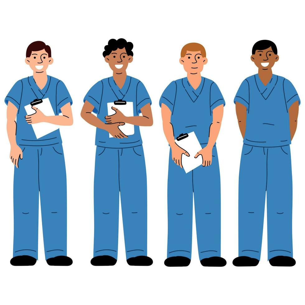 Medical workers in blue uniforms with documents, smiling. Nurses, a doctor. Medical uniform. A group of various nurses in uniform, with full-length documents is highlighted on a white background vector