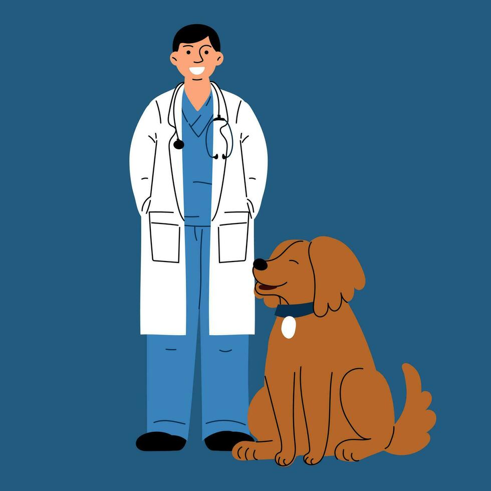 A happy male veterinarian with a dog. Vector illustration of animal care. Flat style. A doctor in a uniform and a medical coat with a dog on a blue background. International Veterinarian's Day