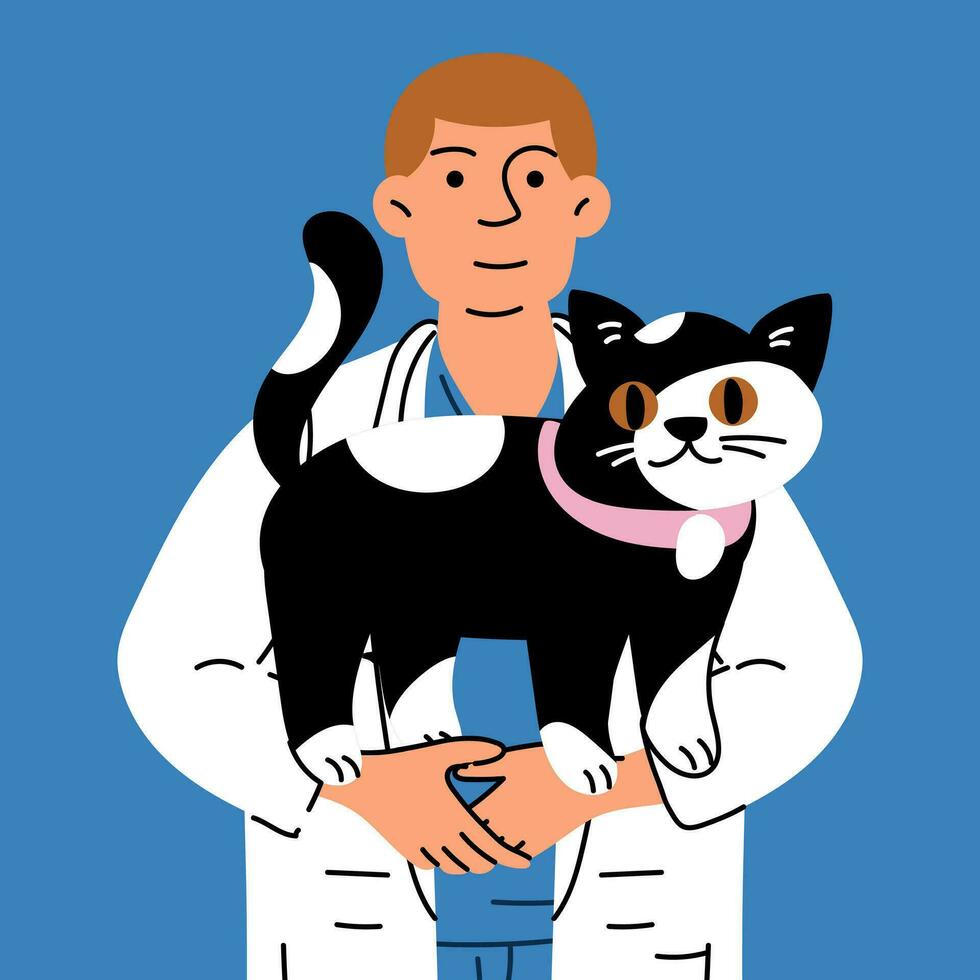 un masculino veterinario con un gato en su brazos. vector ilustración de animal cuidado. plano estilo. un médico en un uniforme y un médico Saco con un gato en un azul antecedentes. internacional del veterinario día