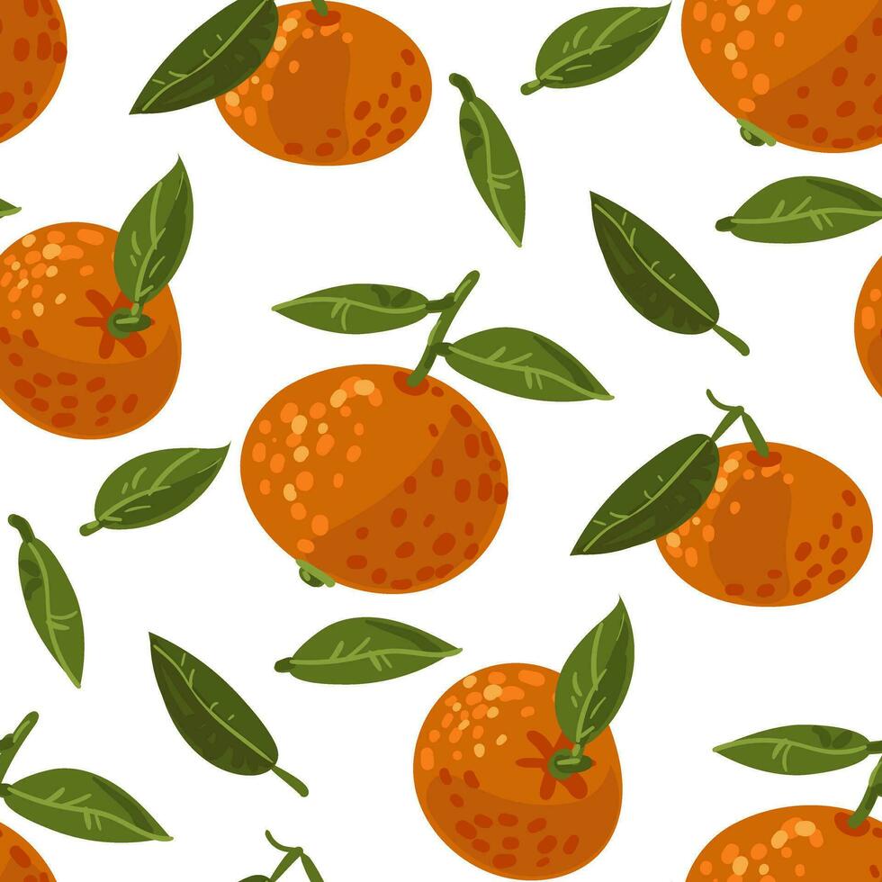 Seamless tangerine pattern with leaves. Vector fruit ornament. The texture of citrus fruits, leaves, branches, fruit is hand-drawn. Tangerine in different turns. Vector design of mandarin for printing