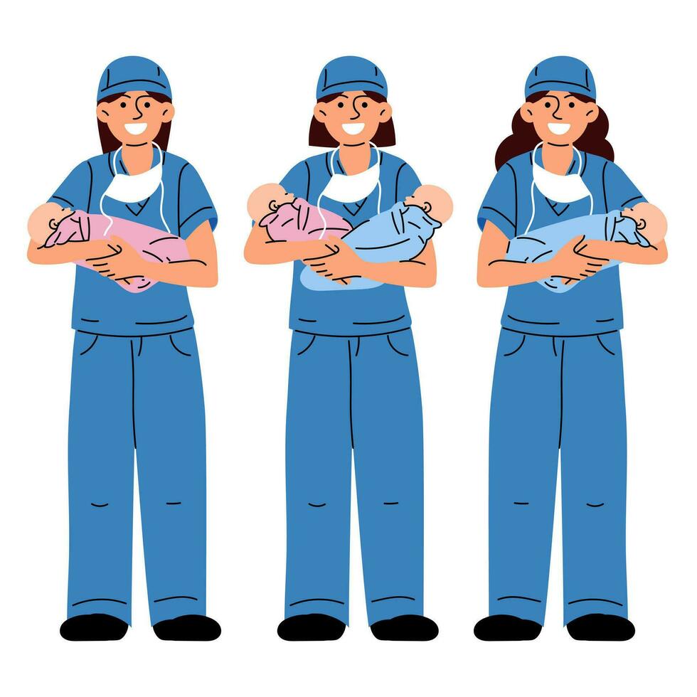 Midwives, medical workers who hold babies. Medical uniforms of twin nurses, children in blue and pink. After giving birth to a full-length group of nurses in blue uniforms. A group of isolated girls vector