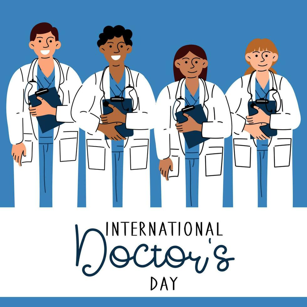 internacional día de doctores día festivo, saludos, texto. caracteres de diferente nacionalidades, diversidad. hombres y mujer con estetoscopios un tarjeta postal en un plano diseño. contento del doctor día. vector