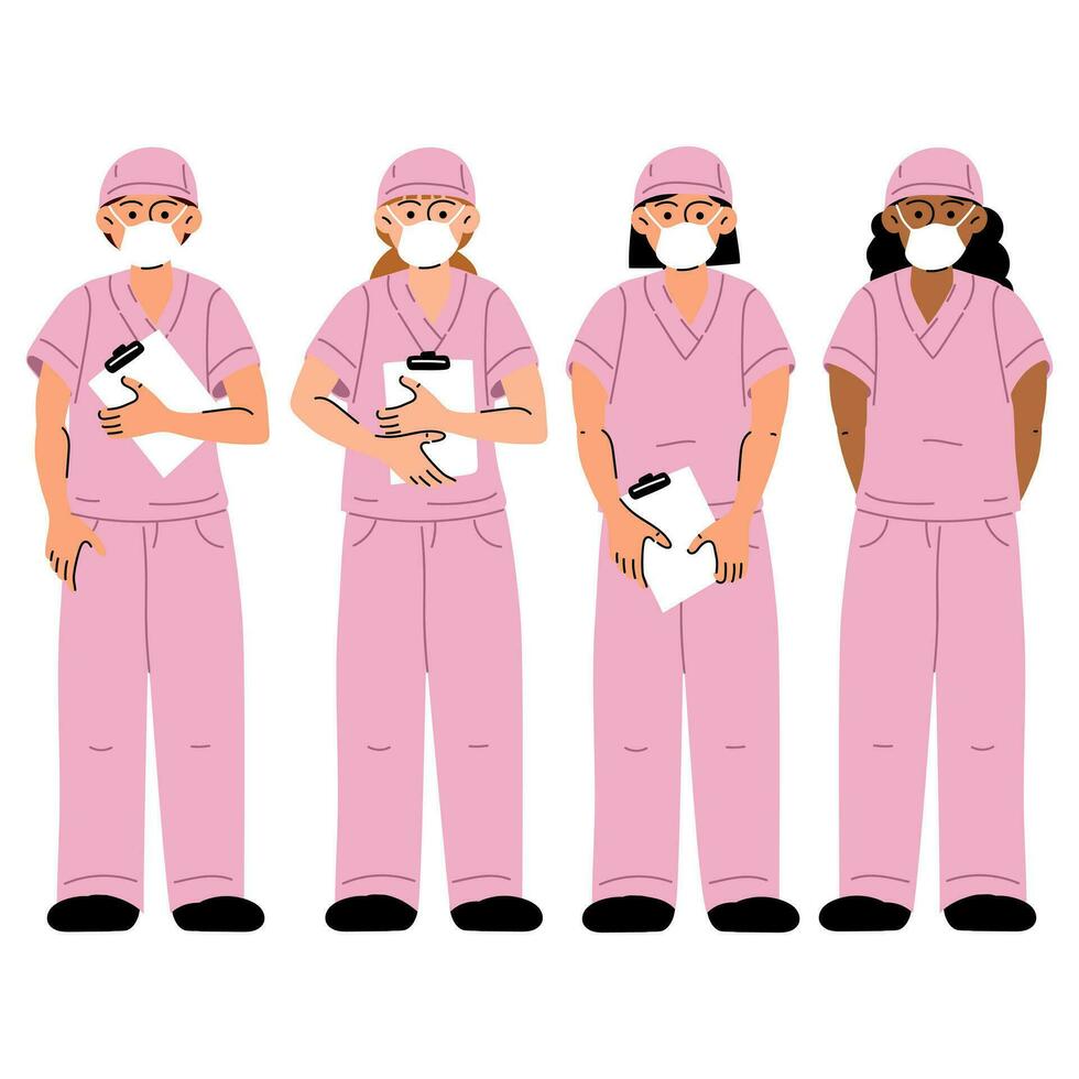 Medical workers in medical masks and pink uniforms with documents. A nurse, a doctor. Medical uniform. A group of diverse nurses in full-length pink uniforms are isolated on a white background vector