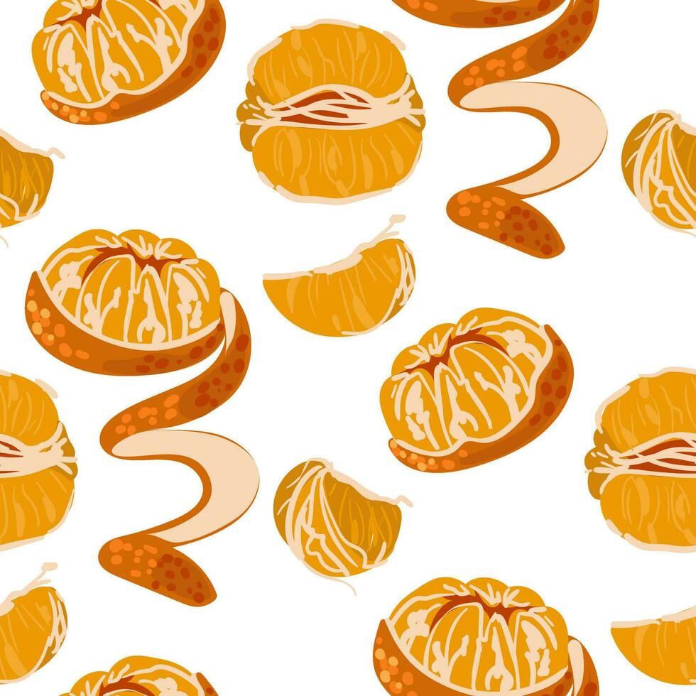 Seamless tangerine pattern with zest. Vector fruit ornament. Citrus texture, slices, peel, zest. Mandarin in different versions,. Vector design of mandarin for printing, textiles, paper, ornament