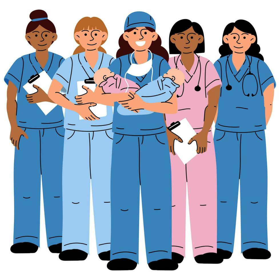 parteras, médico trabajadores quien sostener bebés y documentos. médico uniformes de gemelo enfermeras, niños en azul y rosado. descarga desde el hospital . un grupo de enfermeras de colores uniformes para un bandera vector