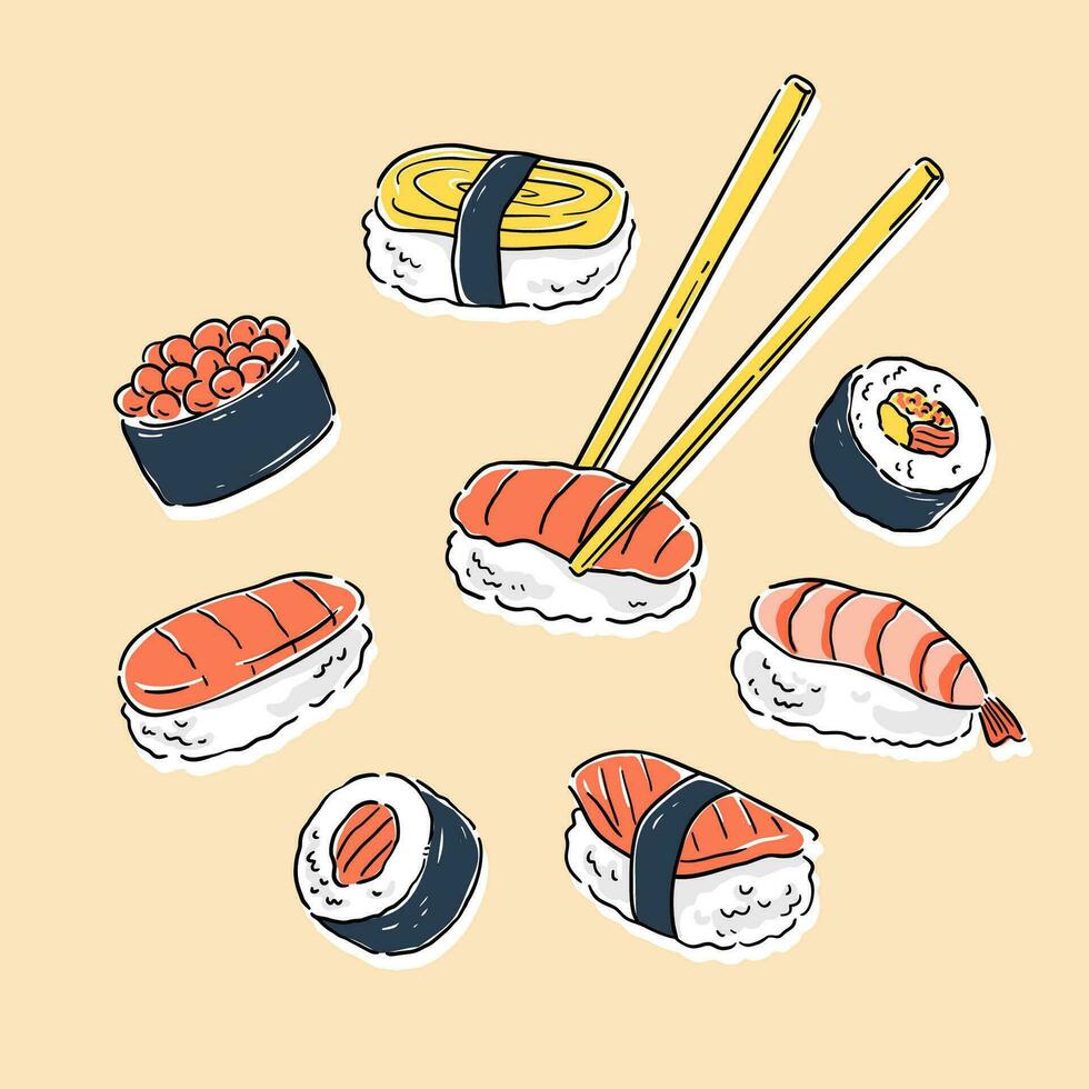 Sushi set. Hand drawn vector illustration in doodle style