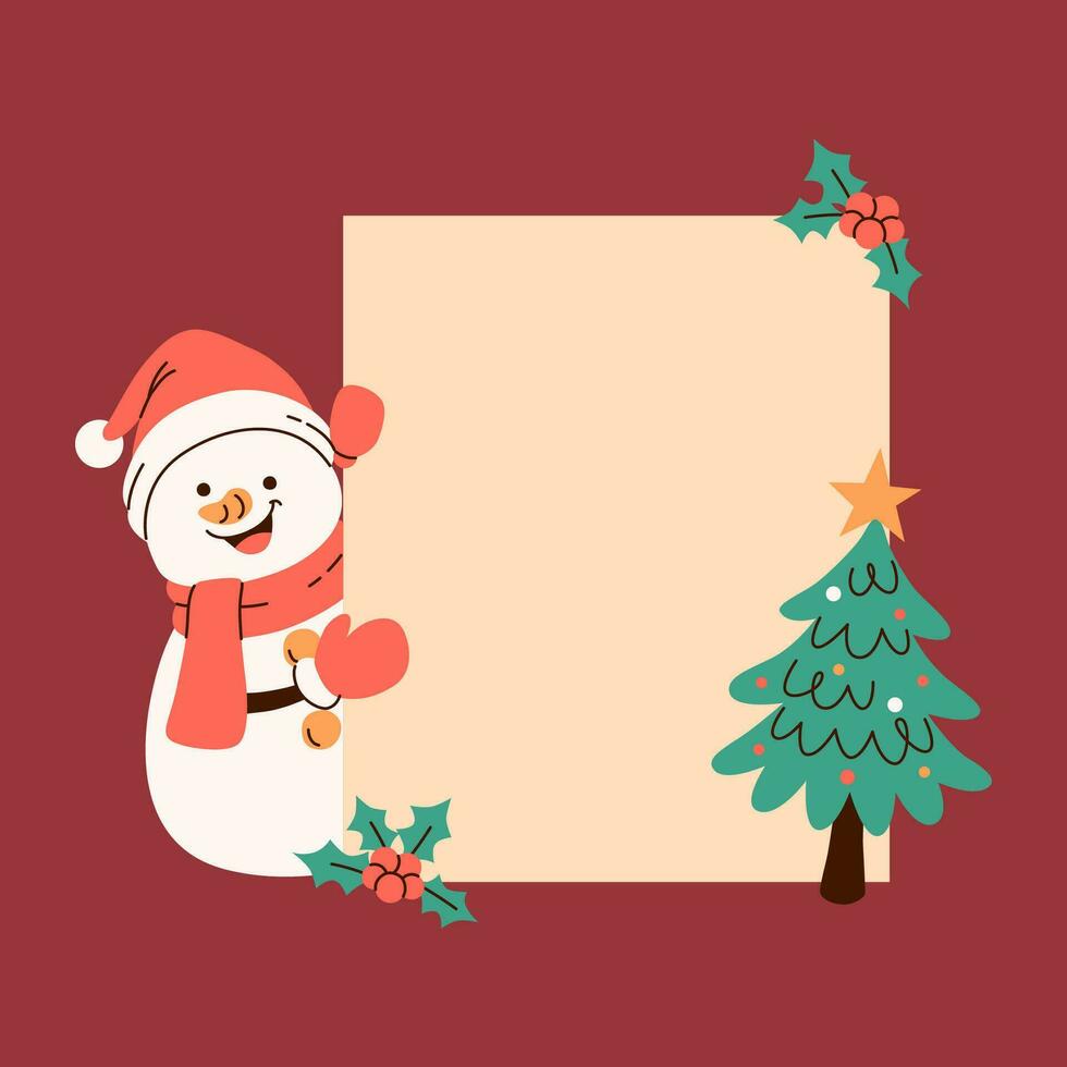 Christmas Snowman Hiding Behind the Blank with Christmas Tree and Holly. Vector Illustration.