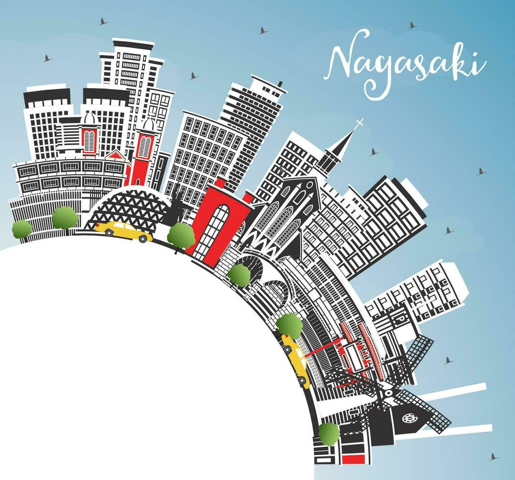 Nagasaki Japan City Skyline with Color Buildings, Blue Sky and Copy Space. Nagasaki Cityscape with Landmarks. Business Travel and Tourism Concept with Historic Architecture. vector