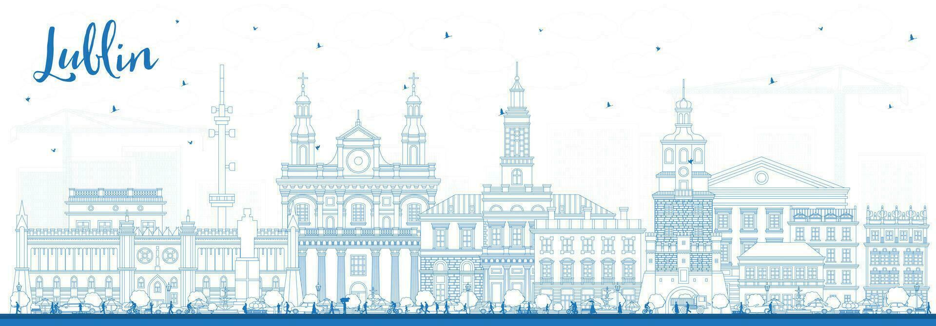 Outline Lublin Poland city skyline with blue buildings on white. Lublin cityscape with landmarks. Business travel and tourism concept with modern and historic architecture. vector