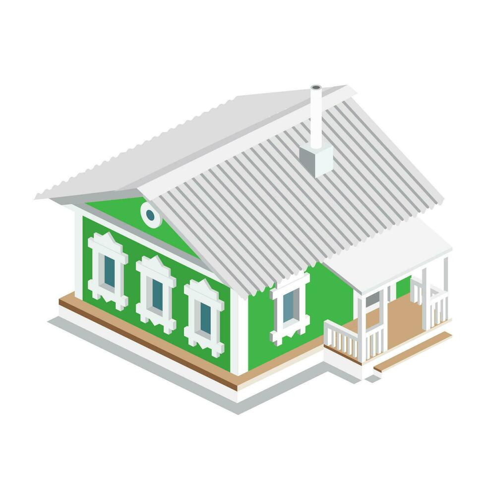 Isometric old russian rural house. Green building isolated on white background. Traditional authentic architectural style. vector