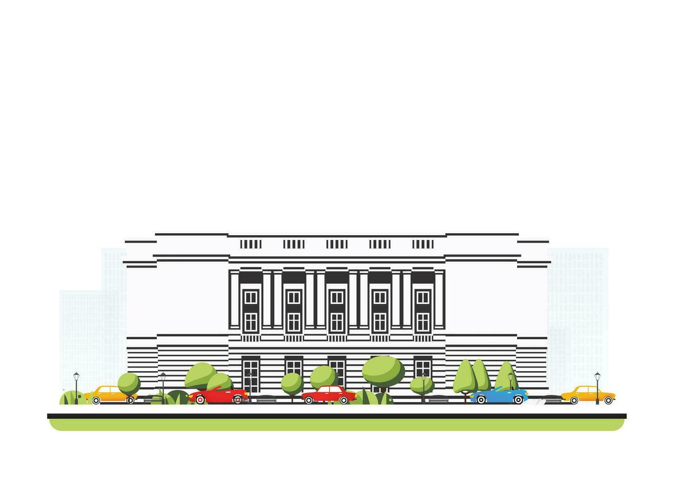 Opera building with columns in flat style with trees and cars. City scene isolated on white background. Urban architecture. Theater building. vector