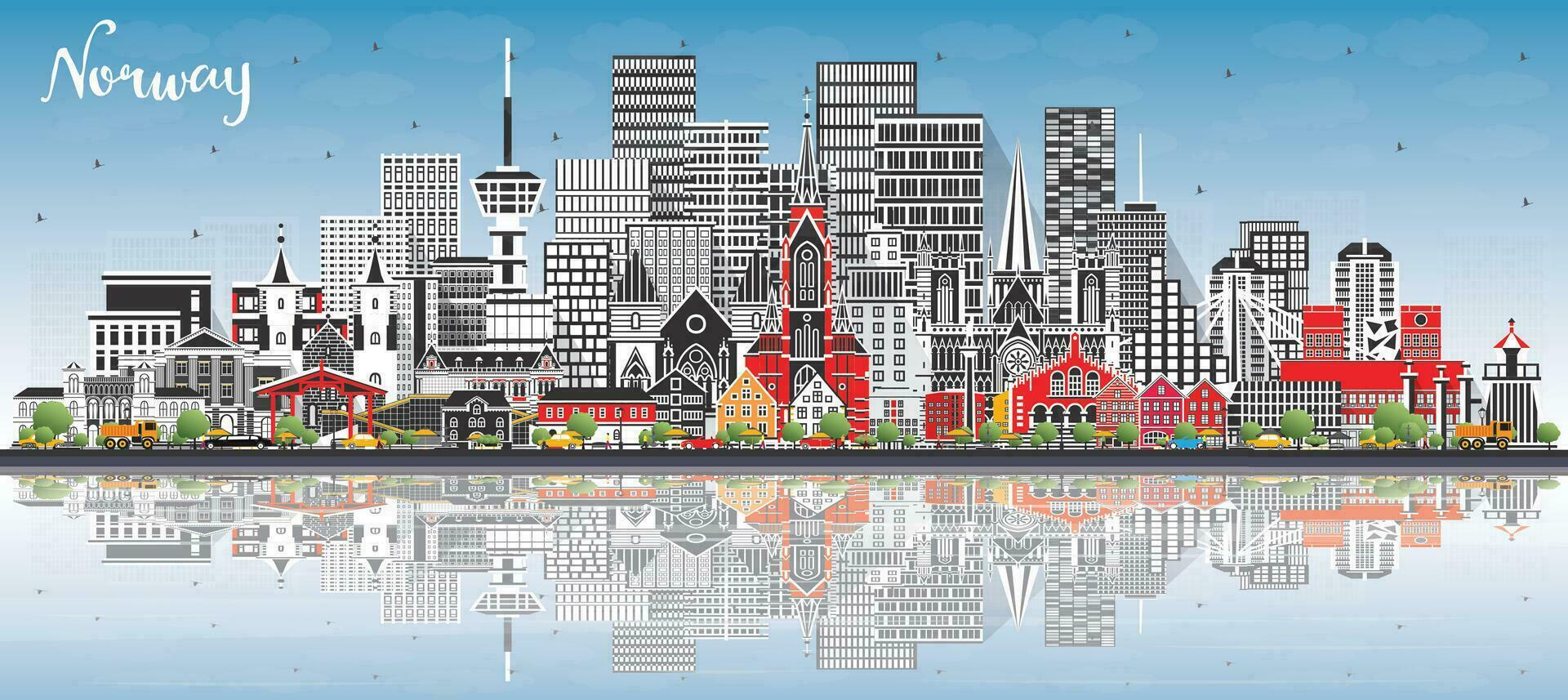 Norway city skyline with gray buildings, blue sky and reflections. Concept with historic, modern architecture. Norway cityscape with landmarks. Oslo. Stavanger. Trondheim. Bergen. vector