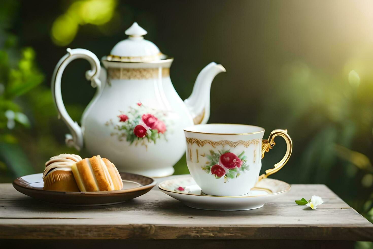 AI generated a blue and white china teapot and a cup of tea on a wooden table in. AI-Generated photo