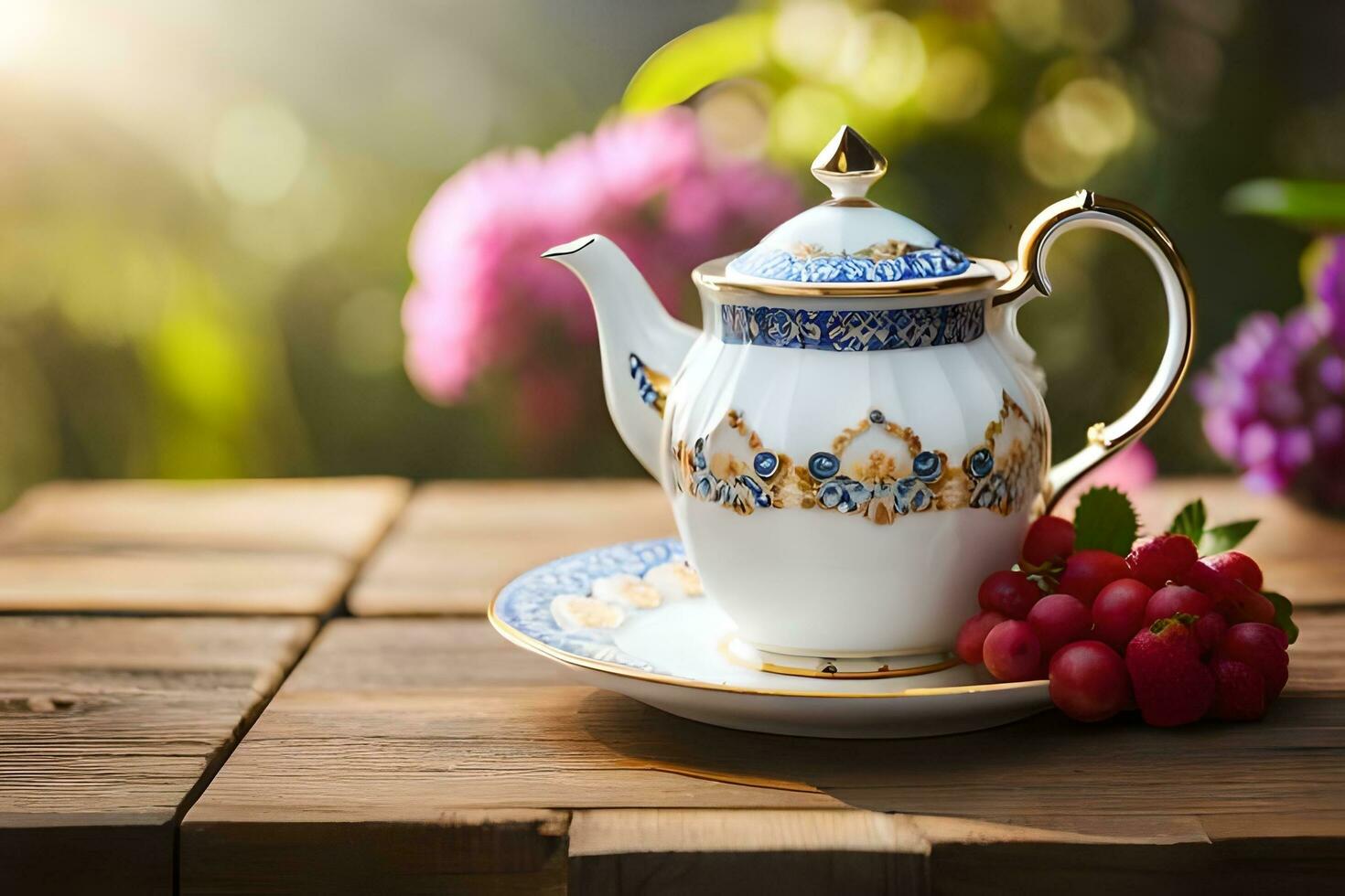 AI generated a blue and white china teapot and a cup of tea on a wooden table in. AI-Generated photo