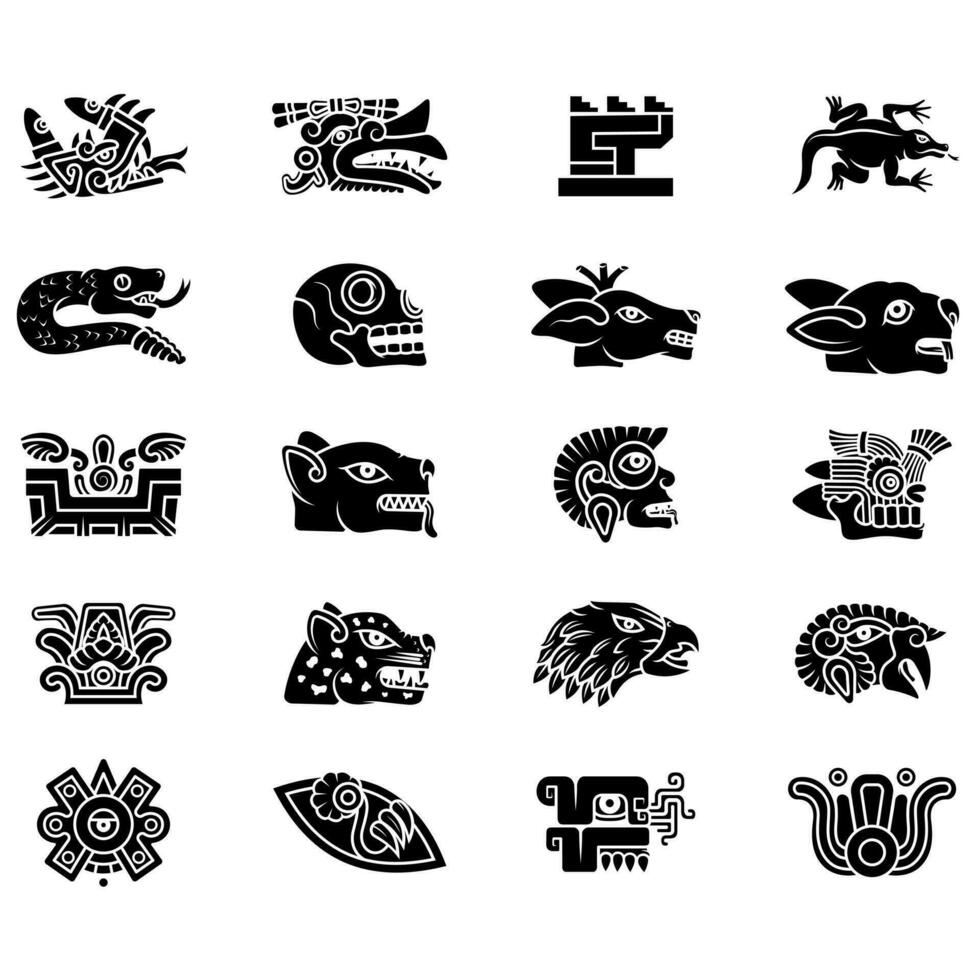Vector design of symbols of ancient Aztec Civilization, hieroglyphs of the Aztec calendar