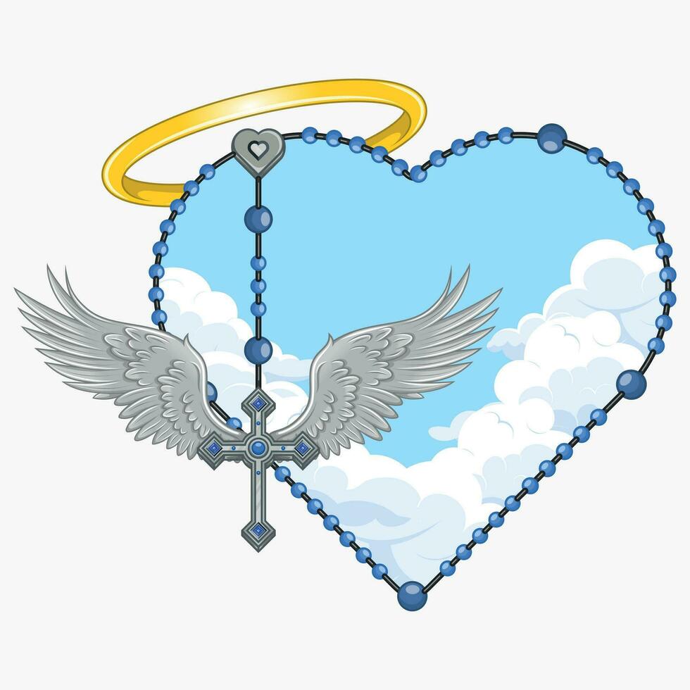 Vector design of winged cross with heart-shaped rosary, heart-shaped rosary with wings, symbology of the Catholic religion