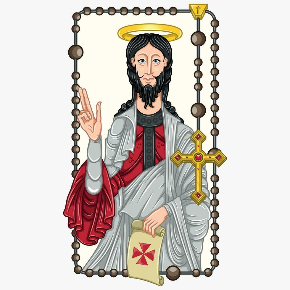 Vector design of Apostle Saint James with old parchment, Apostle Saint James with Christian rosary as a frame