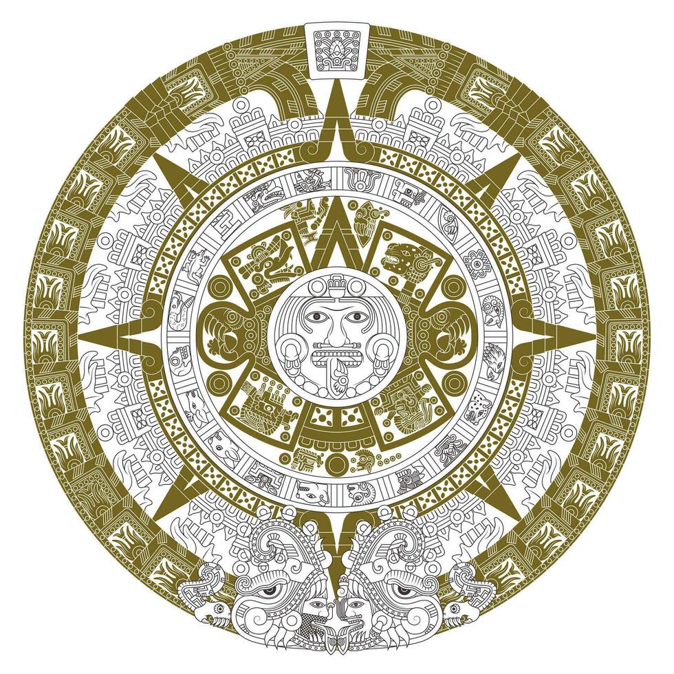 Vector design of Aztec calendar, monolithic disk of the ancient Mexica, sun stone of the Aztec civilization