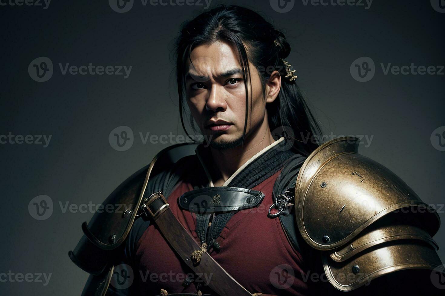 AI generated confused expression samurai wearing armor, digital art illustration, Generative AI photo