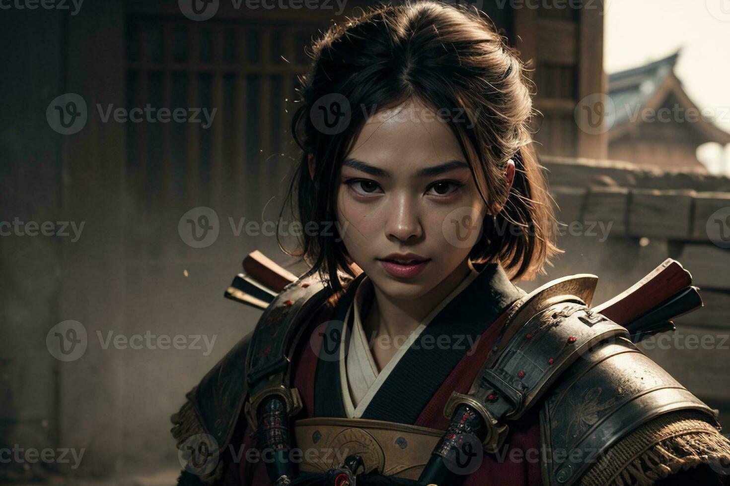 AI generated happy expression beautiful samurai, digital art illustration, Generative AI photo