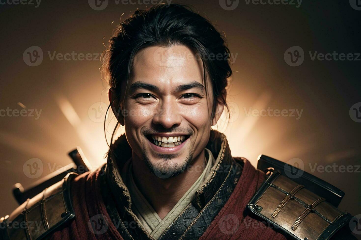 AI generated grin expression samurai, digital art illustration, Generative AI photo