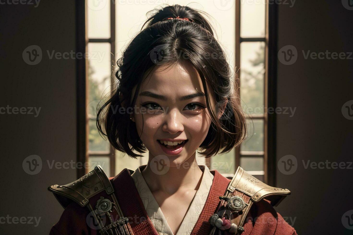 AI generated overjoy expression beautiful samurai, digital art illustration, Generative AI photo