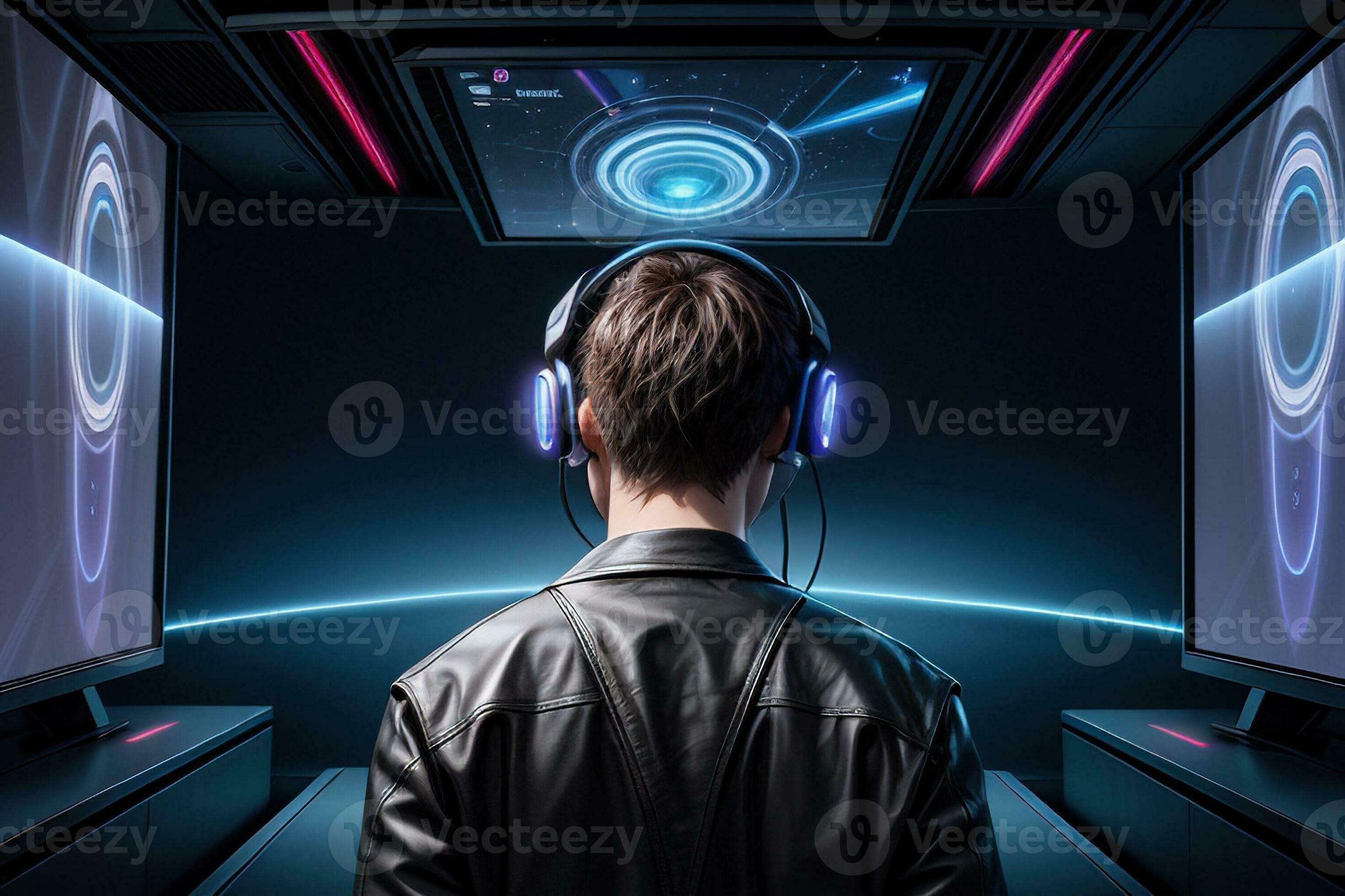 AI generated man with augment reality headset, digital art illustration