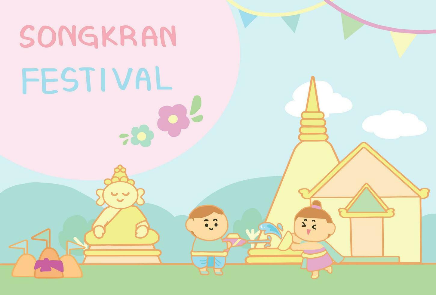 People enjoy play Songkran at the temple cartoon style. vector