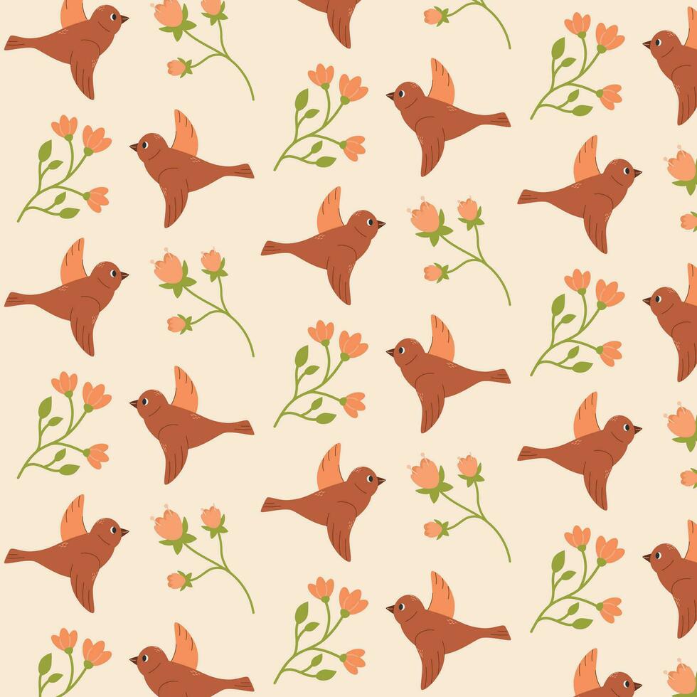 Vector pattern with birds and flowers on a peach background, spring pattern