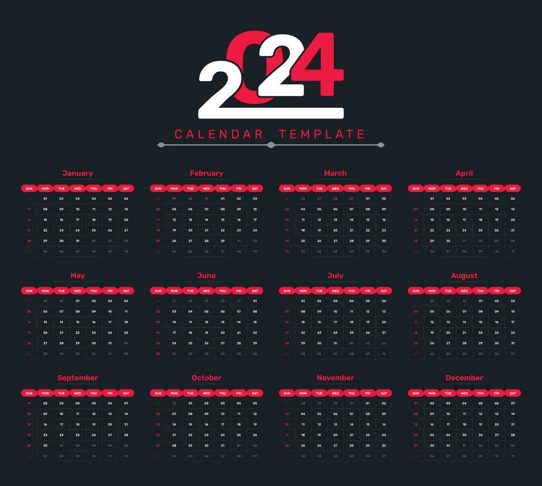 New year 2024 dark calendar template design with accurate date vector