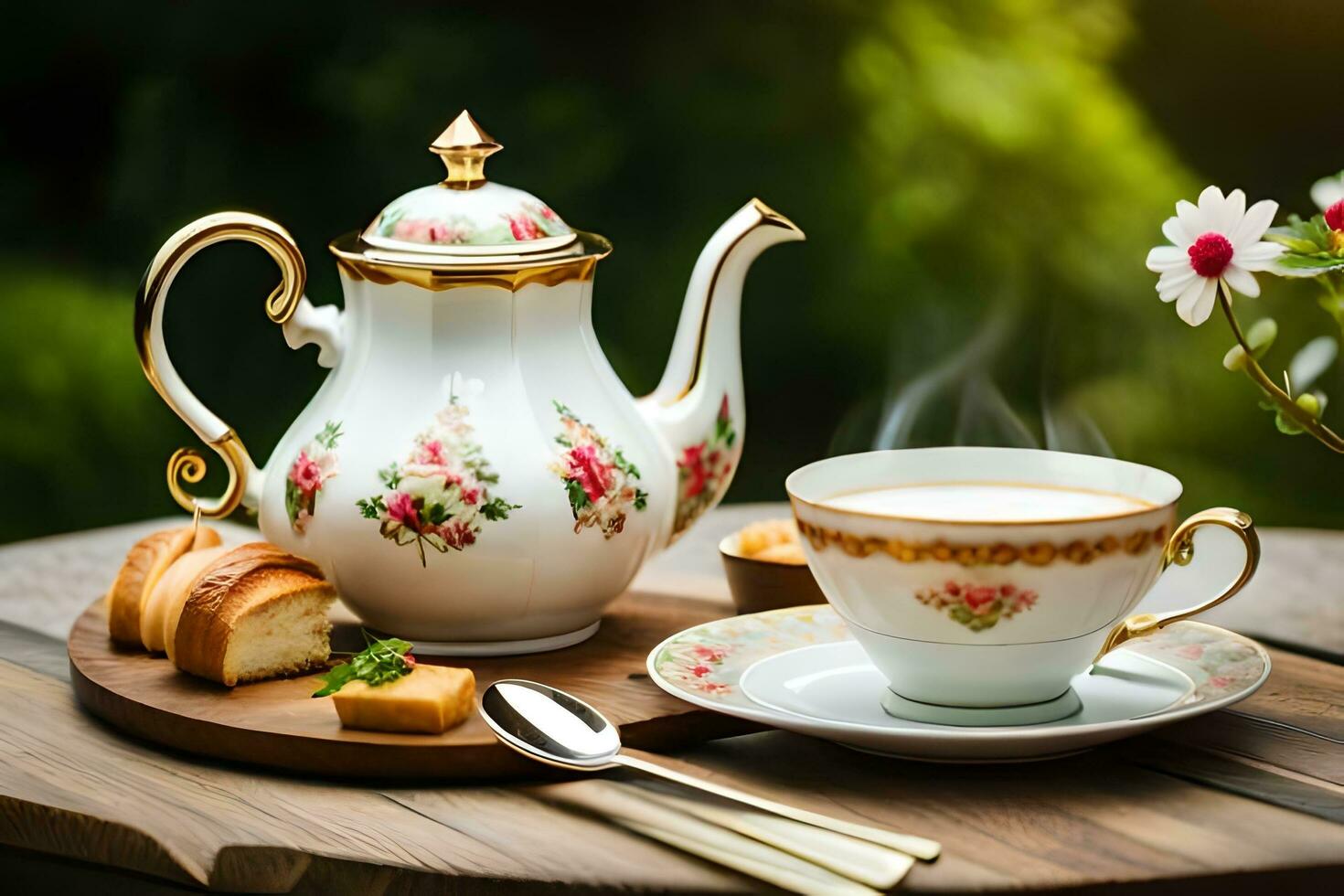 AI generated a blue and white china teapot and a cup of tea on a wooden table in. AI-Generated photo