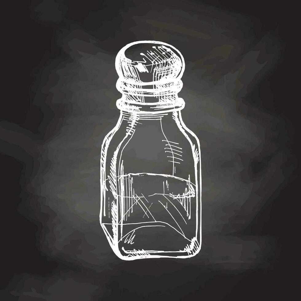 Hand-drawn sketch of glass salt shaker with metal lid on chalkboard background. Vintage drawing of salt shaker. Vector black ink outline food. Food, cuisine. An illustration for the menu.