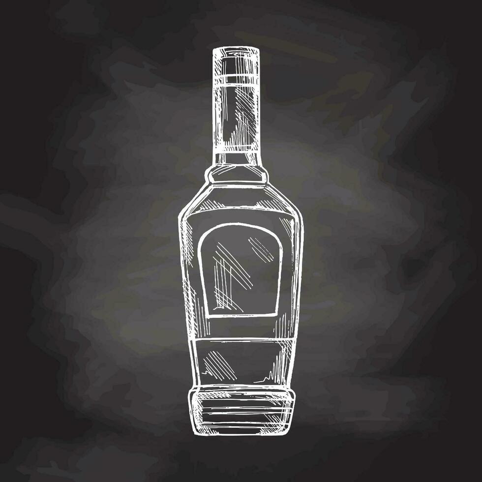 Hand-drawn bottle of tequila on chalkboard background. Design element for the menu of bars and restaurants. Vector sketch illustration in engraving style. Mexican, Latin America.