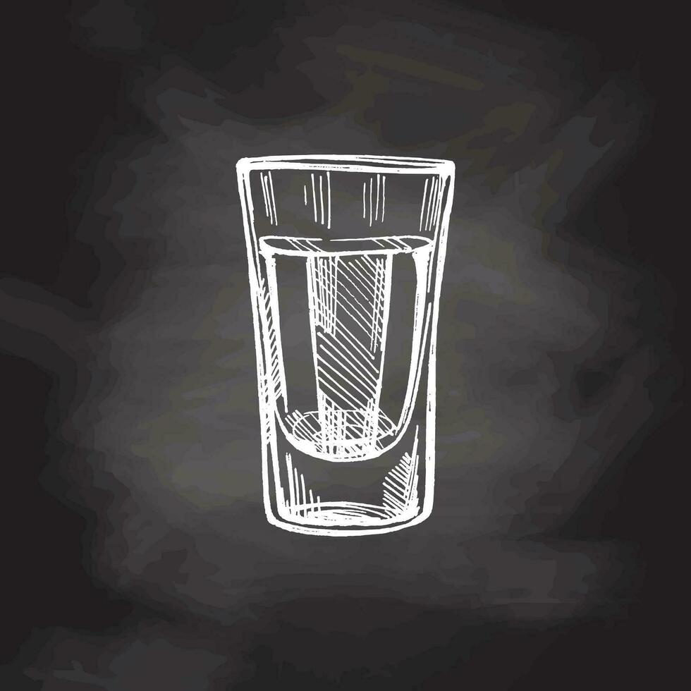 Hand-drawn shot glass with tequila on chalkboard background. Design element for the menu of bars and restaurants. Vector sketch illustration in engraving style. Mexican, Latin America.