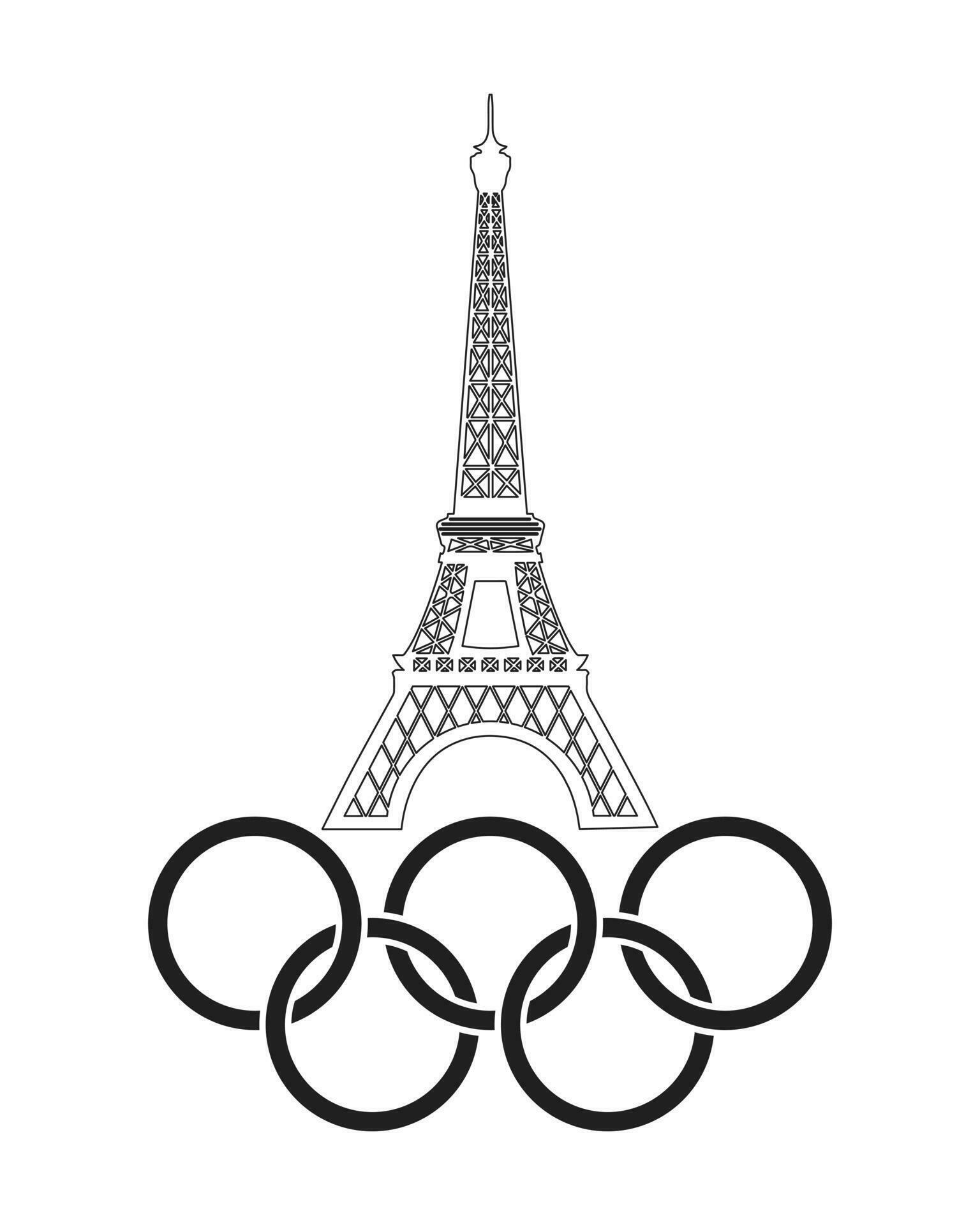 Olympic Games 2024. Eiffel Tower with Olympic rings. Black symbol on