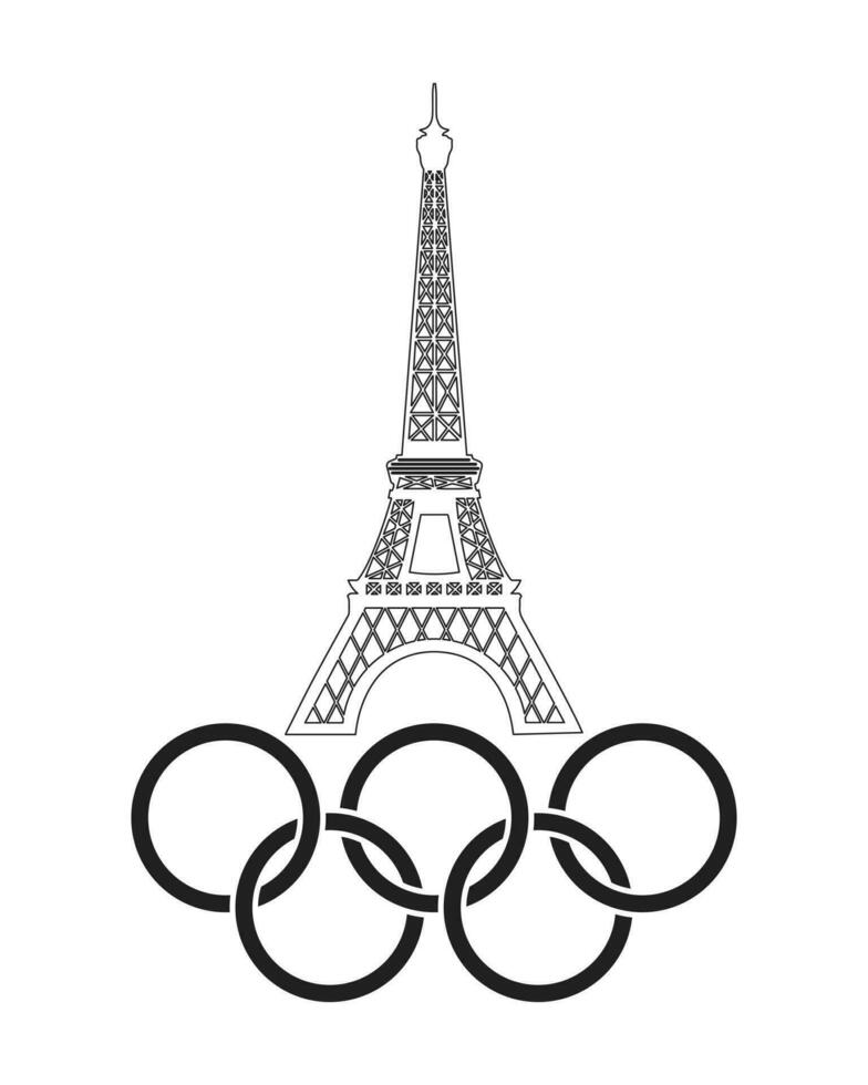 Olympic Games 2024. Eiffel Tower with Olympic rings. Black symbol on white background, vector