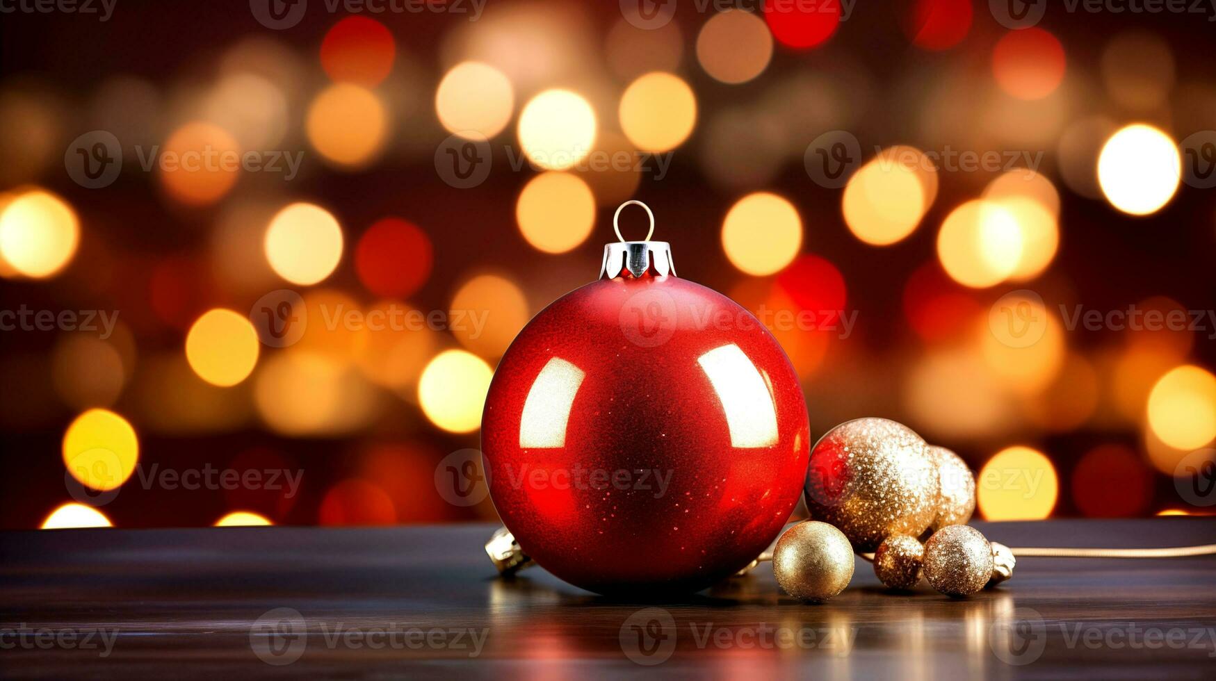 AI generated Christmas background with Christmas balls, gifts with bokeh effect.  AI generated. photo