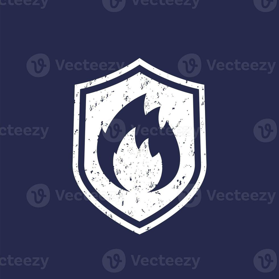 Fire protection icon, shield and flame vector sign with texture photo