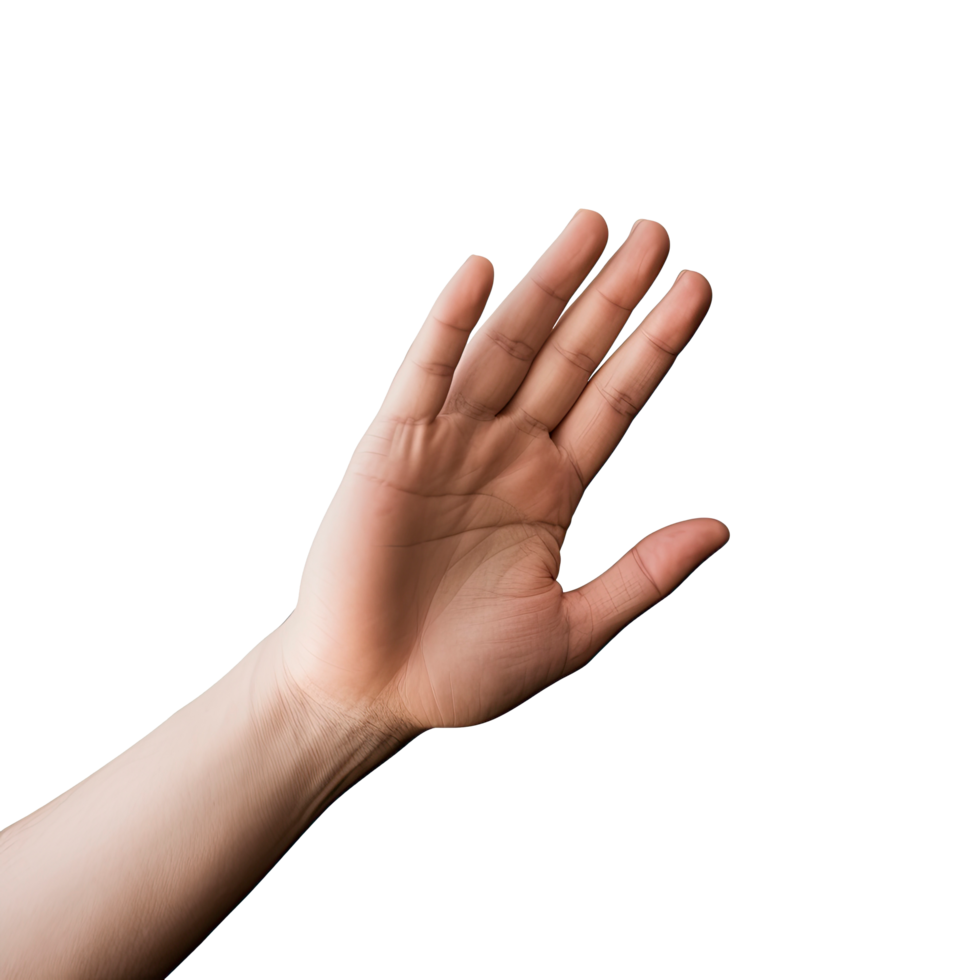 ai gegenereerd expressief hand- bereiken uit met palm omhoog geïsoleerd Aan transparant achtergrond png