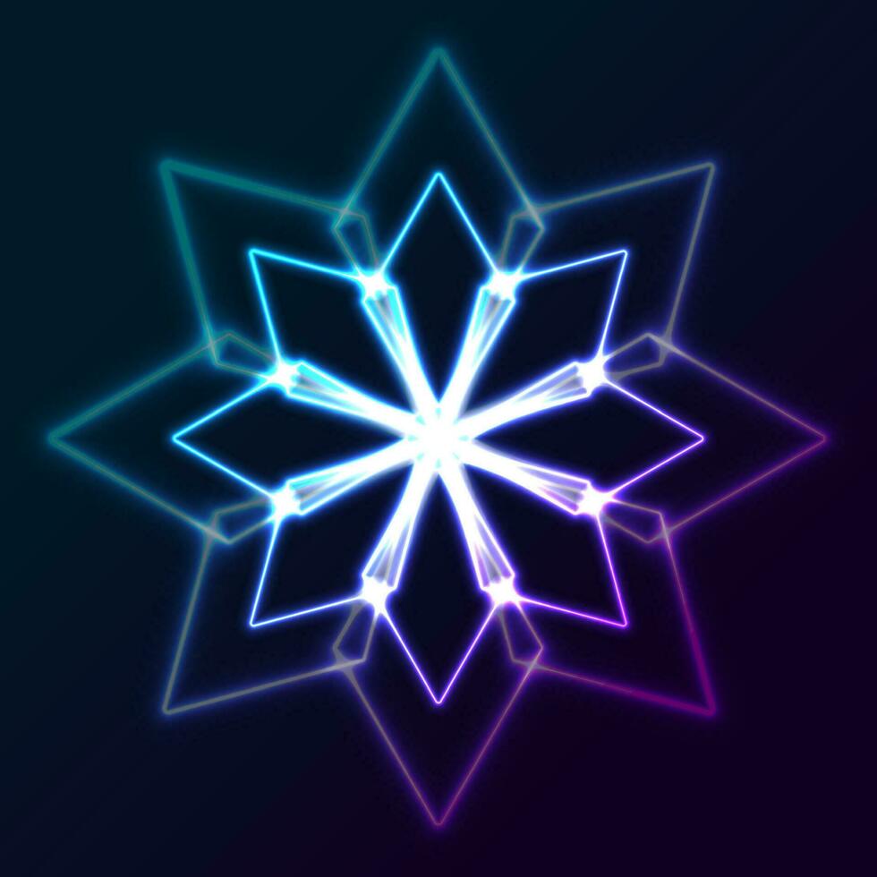 Blue purple neon geometric snowflake abstract glowing background vector