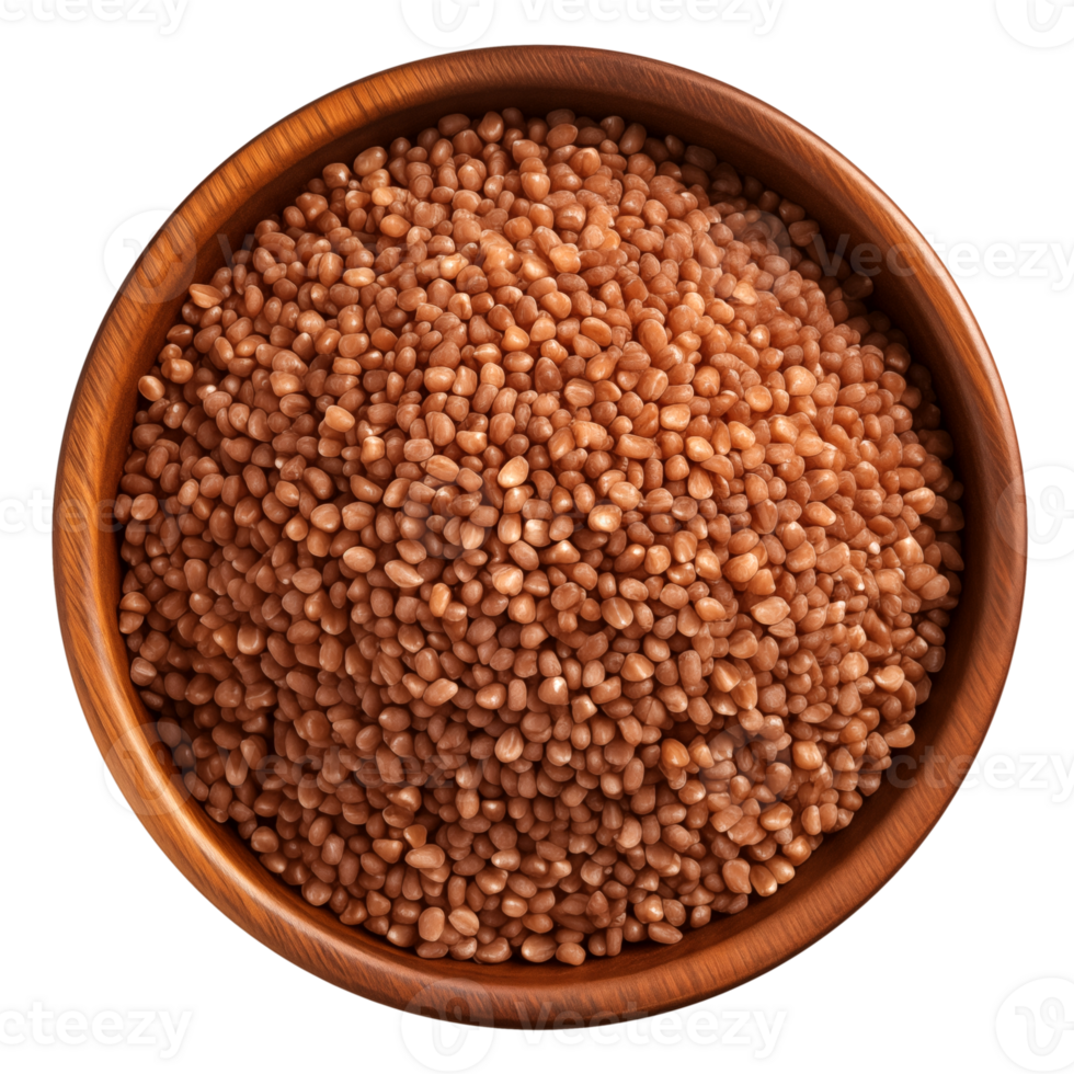 AI Generated Buckwheat in wooden bowl isolated, top view png