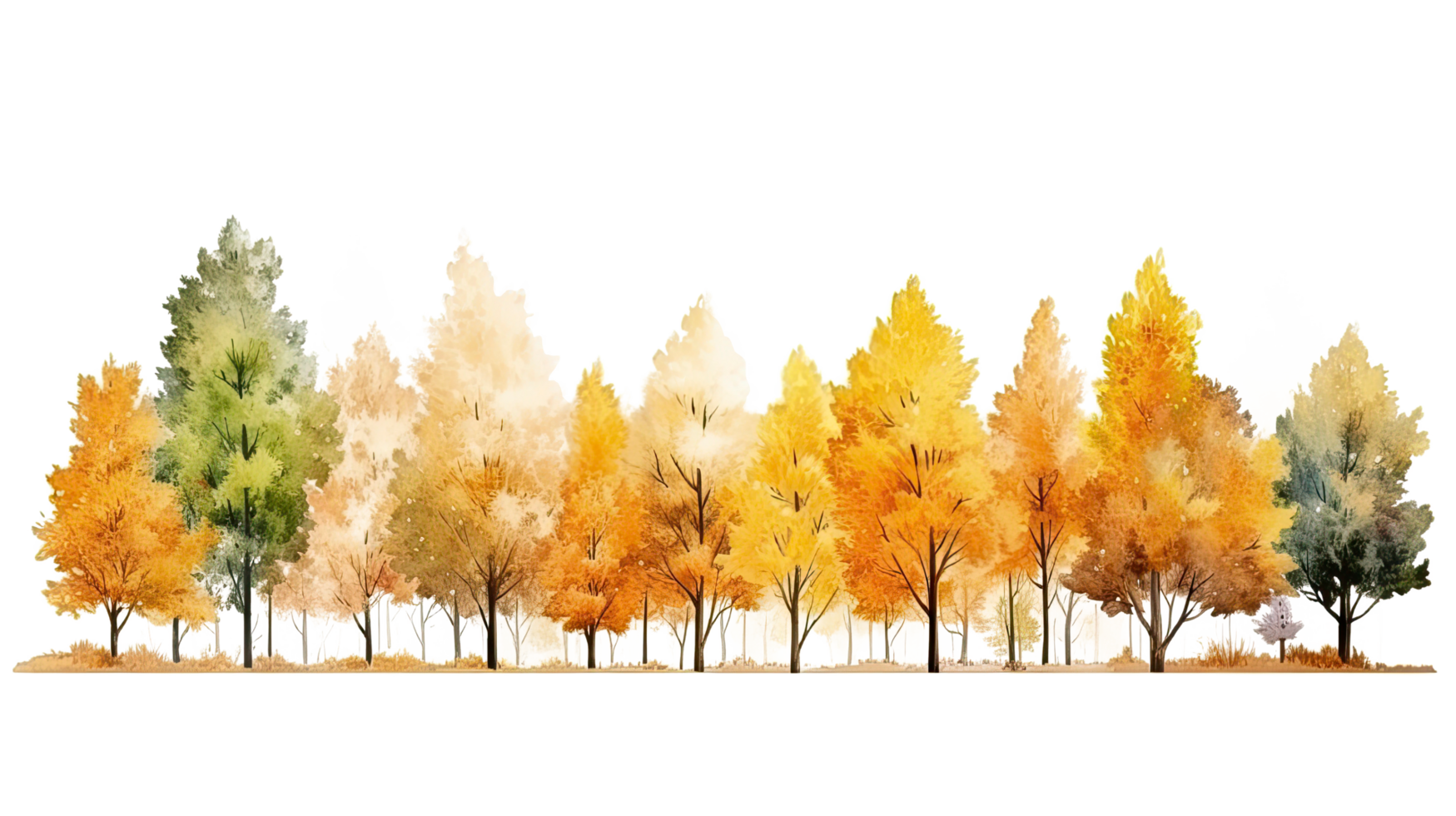 AI generated Autumn trees watercolor horizontal banner isolated on a transparent background. png