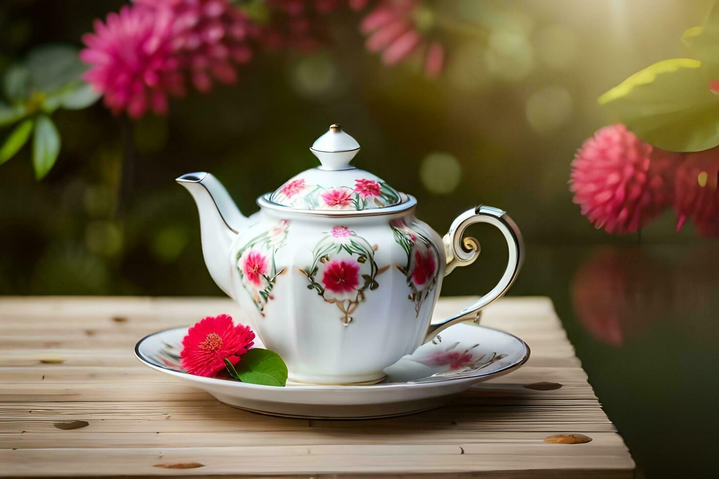 AI generated a blue and white china teapot and a cup of tea on a wooden table in. AI-Generated photo