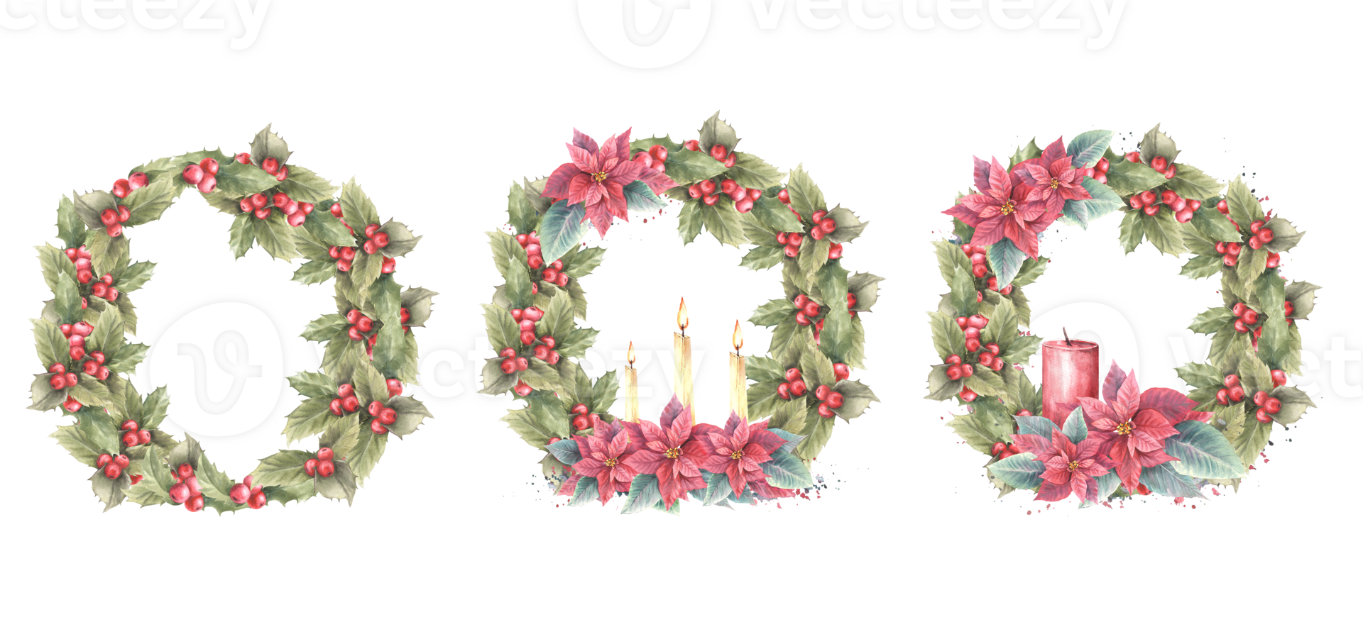 Watercolor painted illustration wreath, frame set. Holly berry, poinsettia flowers, leaves and three flaming candle.Template for Christmas, New Year card, winter invitation. png